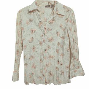 Apt.9 Pleated Ivory with Embroidery Pink Flowers Blouse Size Medium